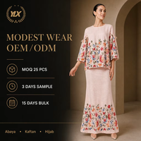Ensemble Baju Kurung brodé de fleurs roses sur mesure, manches longues, robe modeste pour femmes musulmanes, OEM Malaisie
