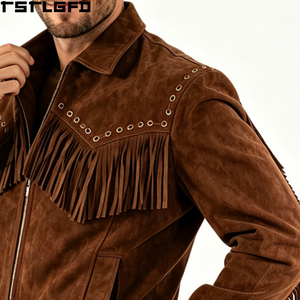 Chaqueta de gamuza con flecos para hombre, estilo occidental, con ojales, cortavientos, ropa de calle, fabricantes OEM/ODM, venta al por mayor - Product Image 2