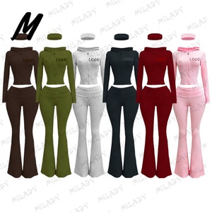 カスタム2025 レディースセット 秋 スクエアネック 長袖シャツ フレアパンツ ラウンジウェア レディース ツーピースパンツセット ラウンジセット - Product Image 3