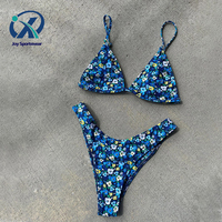 Fabricant de maillots de bain sur mesure, ensemble de bikini bleu floral pour femmes, maillots de bain imprimés, vêtements de plage