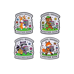 Lustiger Emaille-Pin '<span class=keywords><strong>Ups</strong></span>, ich habe noch ein Buch gekauft' - Niedliche Tierfiguren: Corgi, Bär, Waschbär, Fuchs, Lesende Bücher, Blumen, Cartoon-Anstecknadel - Product Image 1