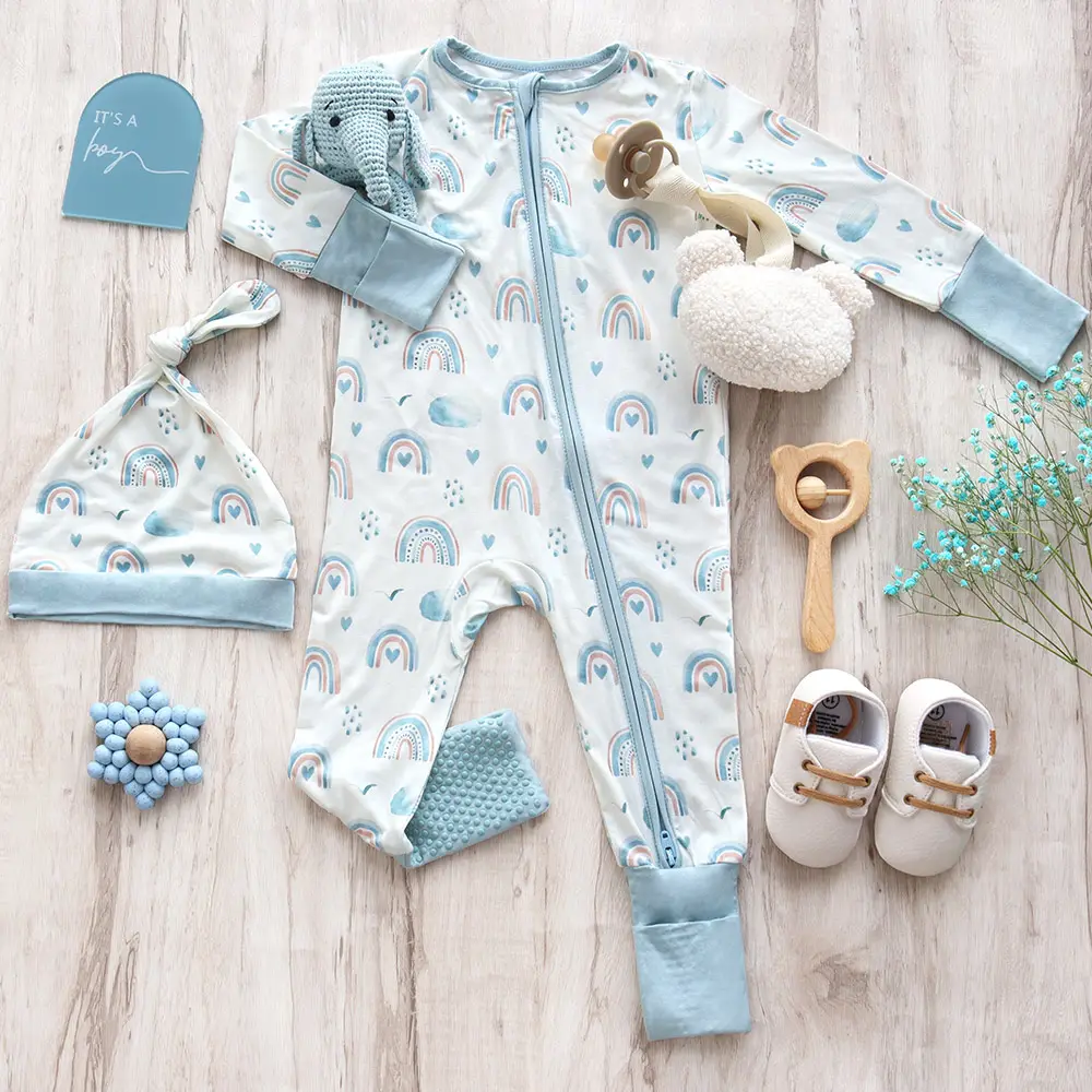 गर्म बिक्री अनुकूलित बांस के कपड़े कस्टम प्रिंट शिशु पजामा नरम सांस लेने योग्य बच्चे के कपड़े बीनी के साथ जिपर बेबी रोम्पर्स