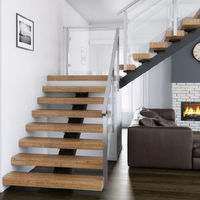 Escalier flottant moderne en bois droit avec marches en bois et garde-corps en verre, éclairage LED préfabriqué pour villa