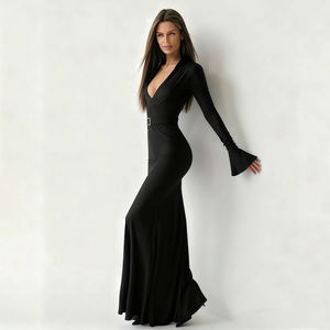 Robe de <span class=keywords><strong>soir</strong></span>ée élégante pour femme Z-3072, coupe trapèze longue, manches évasées, taille haute avec ceinture, col en V, ajustée, respirante et infroissable - Product Image 3