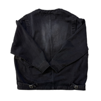 Jaket Denim Kerja Pria Desainer Jepang Kerah V Multi Saku Tempel Kancing Logam Tidak Beraturan Vintage Hitam Dicuci Musim Dingin
