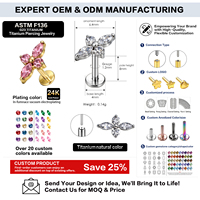 Boucles d'oreilles sans filetage en titane de qualité implant G23 ASTM F136, plaquées or 18K 24K, bijoux de piercing labret à tige poussoir pour femmes