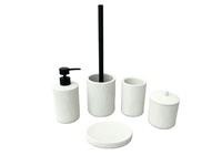Ensemble d'accessoires de salle de bain 5 pièces en résine blanche côtelée moderne : distributeur de savon, porte-brosse WC, gobelet, pot à cotons-tiges, porte-savon