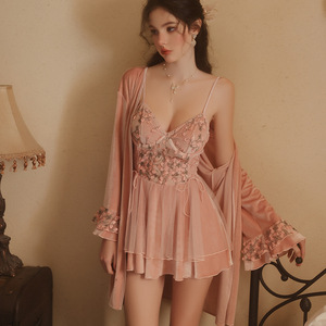 Nouveau pyjama grande taille à armatures <span class=keywords><strong>Push</strong></span> <span class=keywords><strong>up</strong></span> broderie maille doux velours fronde chemise de nuit et Kimono Robe femmes maison vêtements C5240 - Product Image 6