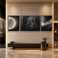 Triptyque mural Cheval Noir, design à particules argentées, pour hôtel, salon, réception, décoration intérieure moderne de salon