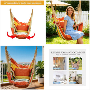 <b>Hammock</b> Chair Hanging Rope <b>Swing</b>,Hanging Chair with Pocket,Cotton Weave for Superior Comfort & Durability for Outdoor - Product Image 3
