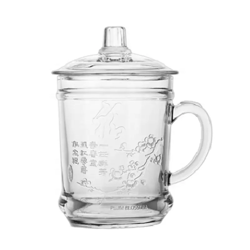 أكواب قهوة كلاسيكية كريستالية شفافة للمكتب أكواب شاي صينية بتصميم زهور كوب شاي بغطاء ومقبض