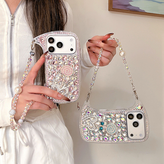 Luxury Diamond Flower Crystal charms Mobile Phone case for iPhone 17 16 15 14 Pro Max chain Mirror Crossbody 3D DIY Back Cover