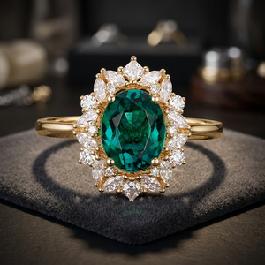 Anillo de piedra preciosa ovalada verde con halo de diamantes cultivados en laboratorio en corte marquesa y redondo para mujer en oro de 10K, 14K, 18K y plata 925, 935. - Product Image 1