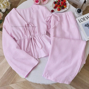 Women's New Arrival Comfortable Striped Loose-Fit <b>Tie</b>-Front Top & Pants Casual 2-Piece <b>Set</b> Fashion - Product Image 1