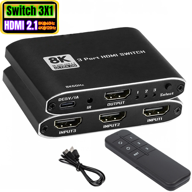 8K 60hz HDMI Switcher 3x1 3 Port 4K 120hz HDMI 2.1 Switch 3 in 1 Out Converter Adapter with IR Remote for PS5 HDTV Xbox Roku