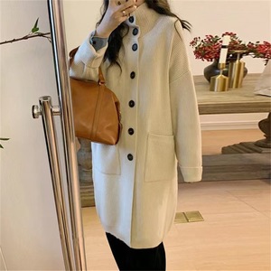 كارديجان نسائي كوري الطراز متوسط الطول بأزرار، سترة محبوكة سميكة للربيع مع أربطة، معطف متعدد الاستخدامات - Product Image 3