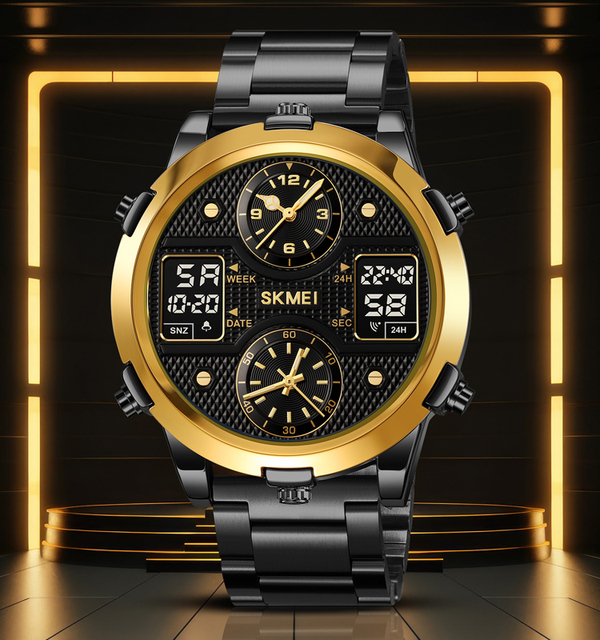 Men's Analog Watch Stainless Steel Band Waterproof Double Movement Watch Chronograph Alarm EL Light Date Week Count Down Time