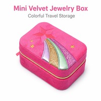 Boîte à bijoux zippée en velours rose vif avec broderie étoile, rouleaux à bagues et intérieur à pois, étui cadeau de voyage pour jeune fille