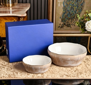 <b>Set</b> Of 2 Brown Floral Ceramic Bowls Irregular Shape Handpainted Traditional Chinese Style Dishwasher Safe Serving Dishes - Product Image 3