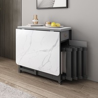 Ensemble de table à manger pliante effet pierre frittée avec 6 chaises pliantes à roulettes et tiroir de rangement, mobilier de salle à manger