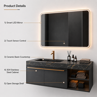 Set Perlengkapan Kamar Mandi Modern dari Baja Anti Karat yang Dipasang di Dinding dengan Cermin Pintar LED dan Kabinet Wastafel Keramik untuk Hotel dan Vila