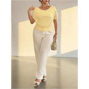 Haut ajusté à manches courtes et col drapé en maille pour femme, grande taille, style Y2K décontracté - Product Image 5