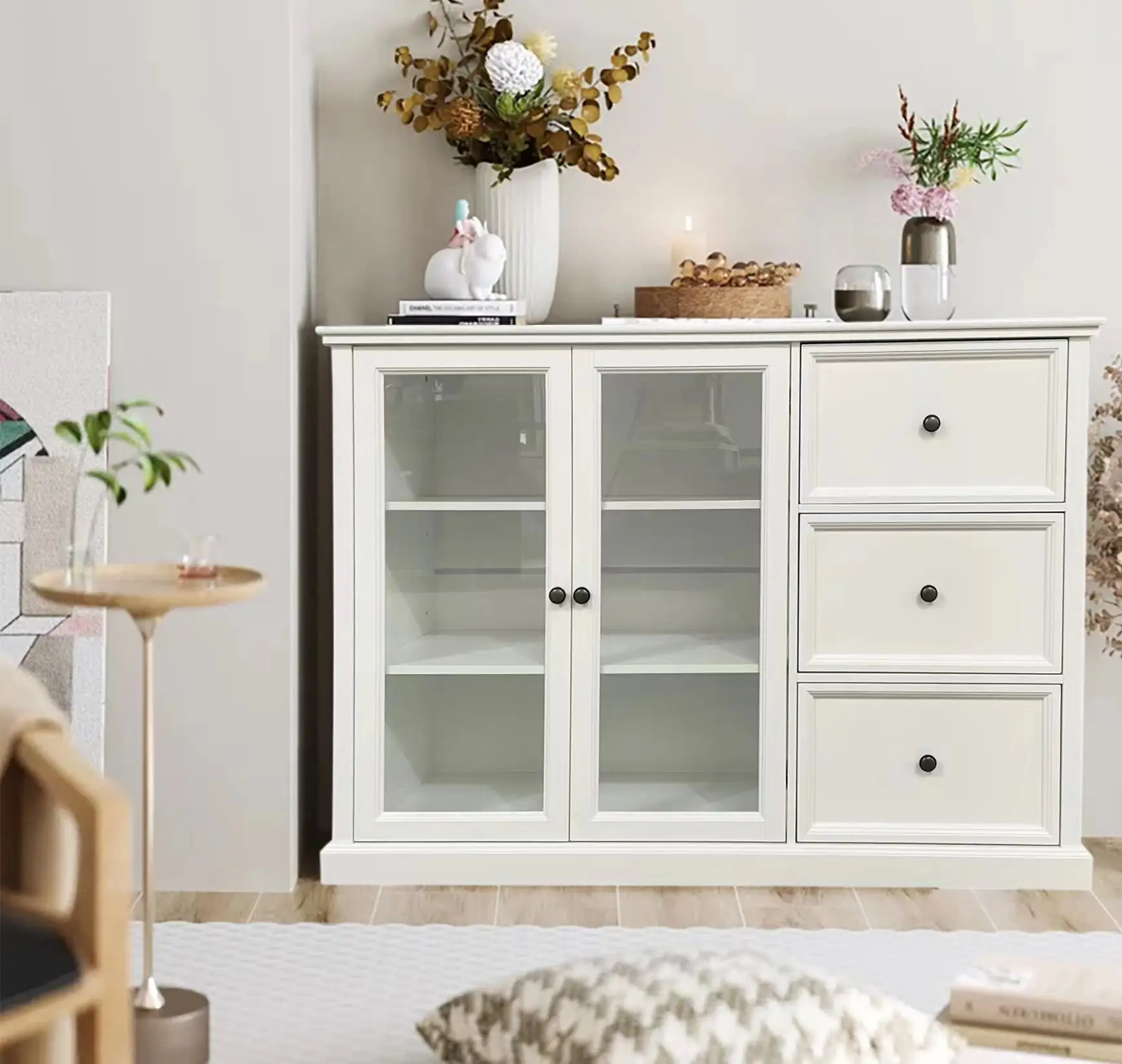 New home products 2024 corner 2 door 3 drawers display glass sideboard cabinet white mdf cabinets