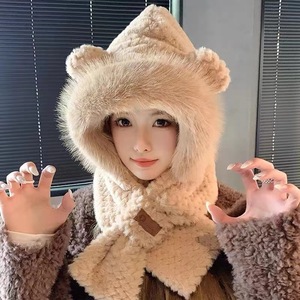 <b>Cute</b> <b>Bear</b> Hat And Scarf Set Women Winter Plush Warm Fleece Lined Neck Protector Stylish Commute Solid Color One Piece - Product Image 2