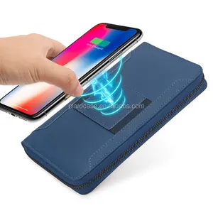 اللاسلكية شحن الرجال النساء جواز الأعمال حامل بطاقة طويلة الذكية Carteras بو الجلود محفظة بشريحة RFID مع قوة البنك
