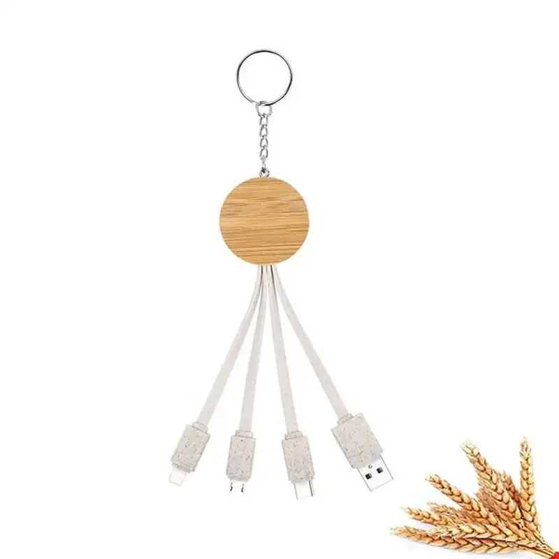 Gadget promotionnel 3 en 1 porte-clés câble usb câble de chargeur de paille de blé biodégradable en bambou