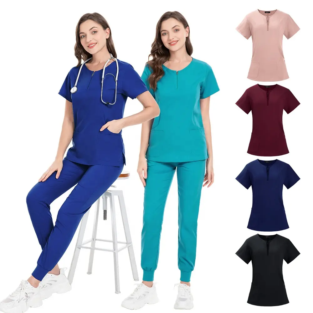 Groothandel Polyester Rayon Spandex Elastische Custom Logo Meisjes Ziekenhuis Uniformen Scrubs Voor Vrouwen Medische Lab Jassen Verpleegster Uniform