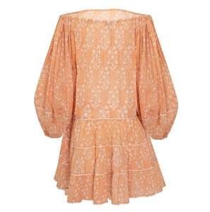 Peach Floral Print Elegant off Shoulder Bohemian Layer Dress with Small Scallop Trim Puff Sleeve 100% Cotton Party Wear Short - Product Image 4