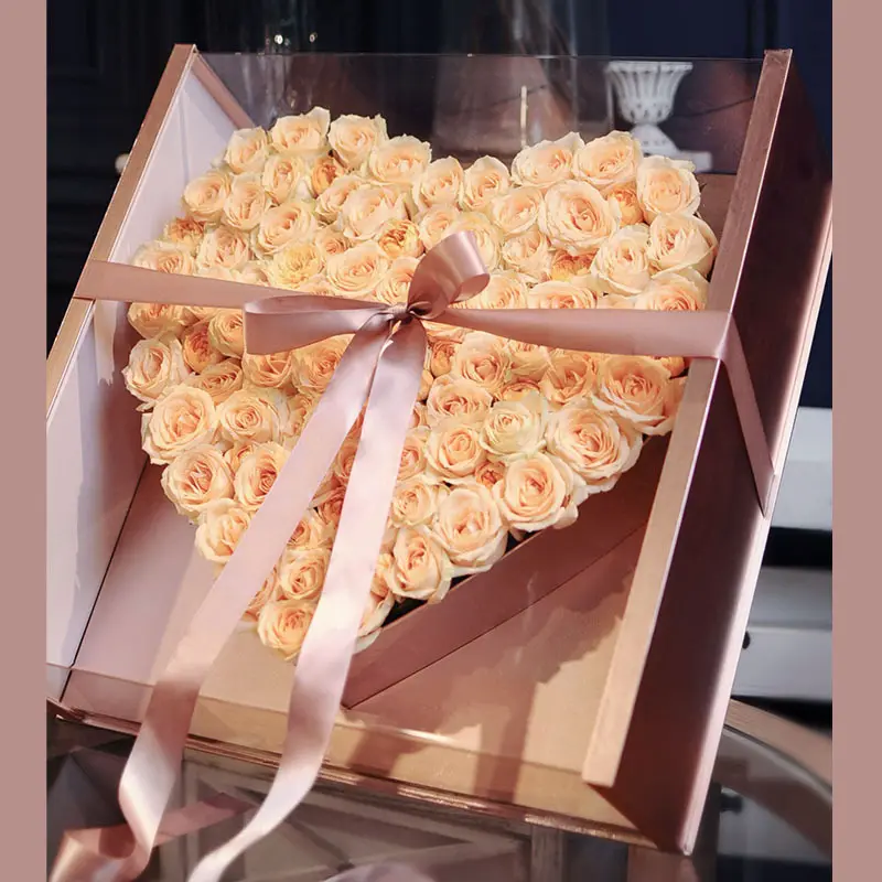 Luxury clear extra big flower box xxl 99 roses bouquet packaging acrylic square heart gift box with clear transparent cover lid
