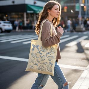 Sac fourre-tout esthétique en toile pour femme avec poche intérieure, sans fermeture, en tissu de coton non doublé, imprimé coquillages et étoiles de mer - Product Image 3