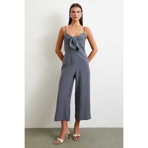 Mono minimalista de cintura alta con tirantes, gris, de lino y algodón, transpirable, para uso diario de mujer - Product Image 6