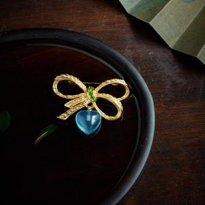 Luxury Natural Aquamarine Heart <b>Bow</b> Brooch 18K Gold Plated Copper with Textured <b>Bow</b> Elegant Wedding <b>Gift</b> Jewelry Pin - Product Image 1