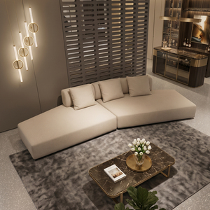 Modern Curved Modular in Natural Cotton-Linen Fabric, Large Upholstered Modular <b>Sofa</b>, Living Room - Product Image 1