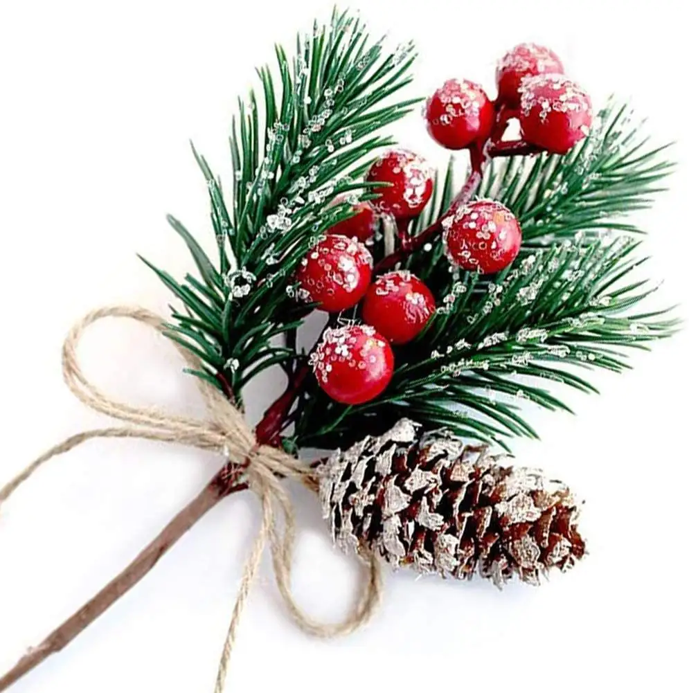 Christmas Red Berry Picks Stems Artificial Red Berry Pine Picks Christmas Decorative Greenery Pine Branch flower for Wreath DIY