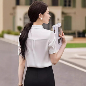 Women's Bow Tie Short Sleeve Blouse Solid Color Satin Work Shirt Professional Elegant Office Wear - Product Image 4