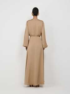 Robe maxi à col rond en satin doré sur mesure en gros, à nouer devant, taille naturelle, unie, élégante pour femmes, lavable à 100% - Product Image 4