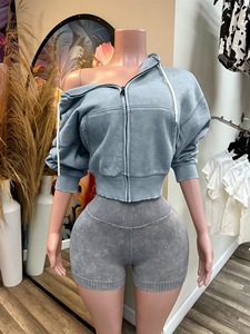 Viviblook Z414ST Women Fitness Sports Shorts Set Washed Zippered Hooded Jacket Top Shorts Tracksuit Two Piece Set for Ladies - Product Image 3