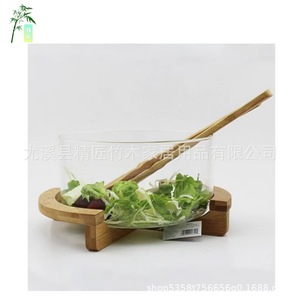 Bamboo Fruit Salad Bowl With <b>Rack</b> Glass Basin Eco Friendly Kitchen Storage Moisture Proof Dessert <b>Plate</b> Support - Product Image 4