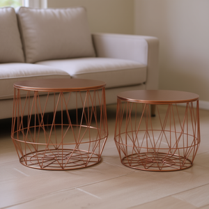 Ensemble de 2 tables basses en cuivre détachables, meubles de salon modernes et contemporains, plateau en bois, structure en métal - Product Image 2