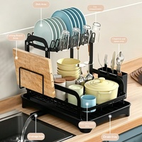 Égouttoir à vaisselle métallique double couche multifonctionnel pour comptoir de cuisine, support pour bols et baguettes, rangement pour ustensiles de cuisine et planche à découper