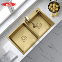 Évier de cuisine double cuve en acier inoxydable doré de luxe, exporté par le fabricant, disponible en plusieurs tailles pour cuisines haut de gamme avec égouttoir