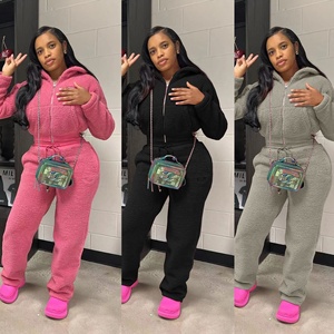 Pakaian Wanita Musim Dingin Tetap Hangat Tebal Dua Potong Hoodie Resleting Atasan dan Celana Panjang Kasual Set Dua Potong Warna Pink - Product Image 1