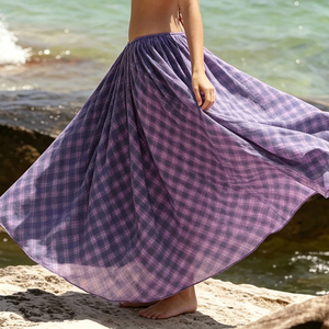 Beach Vacation Color Block Plaid Mesh Low <b>Waist</b> <b>Skirt</b> <b>Elastic</b> <b>Waist</b> Draping A Line Flared Long <b>Skirt</b> - Product Image 5