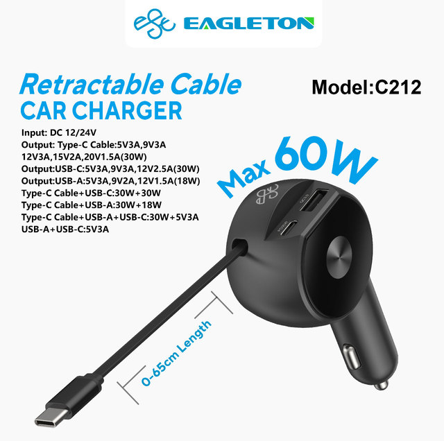 Dual Port Universal Fast Car Charger 60W PD3.0 Car Charger with Retractable Cable for iPhone and Tablets