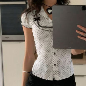 Chemise à manches bouffantes à col à volants à pois pour femmes, style décontracté et tendance, haut à manches longues polyvalent - Product Image 3