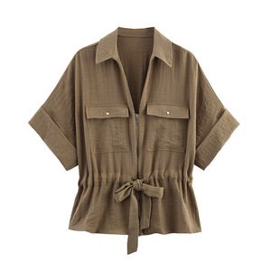 เสื้อเชิ้ตแขนสั้นผูกเอวลำลองสำหรับผู้หญิงและกางเกงขากว้างชุดแฟชั่น 2 ชิ้น - Product Image 5